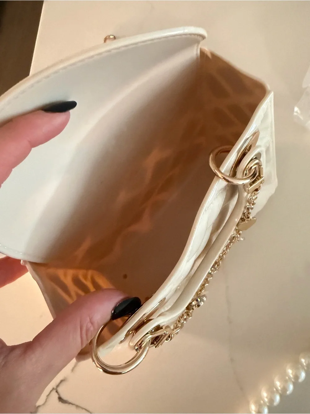Ivory Quilted Patent Top-Handle Kids Bag with Charm Chain